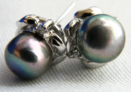 

free shipping 12782 Black Flat Round Freshwater Pearl Stud Earring
