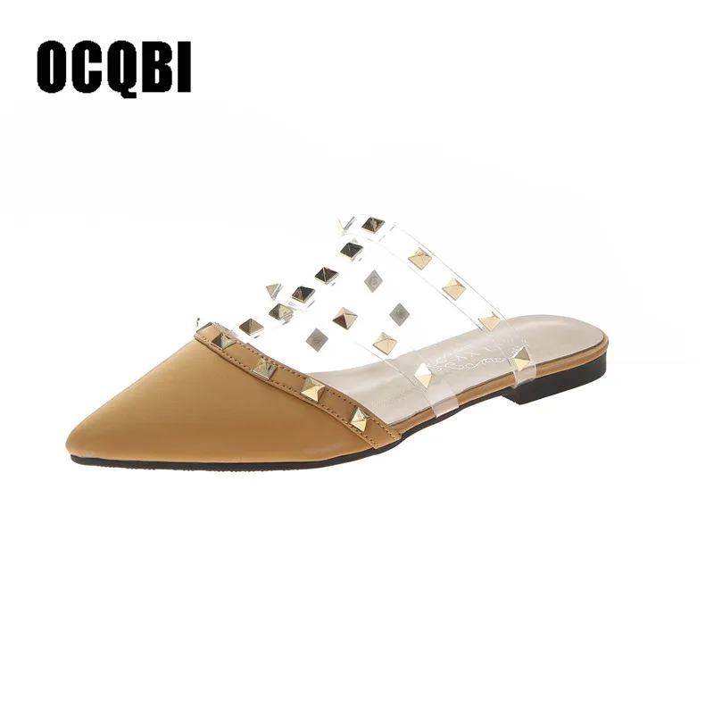 

2019 New Summer Fashion Transparent Sandals Flat Studded Sandals Women Shoes Women Mules Pointed Toe PU Outdoor Slippers Women