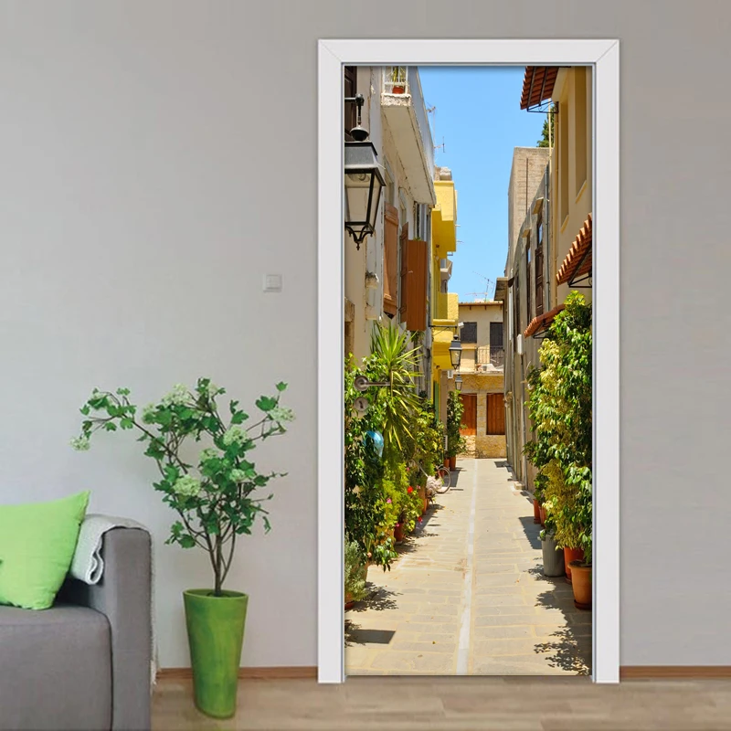 

3D Self-adhesive Door Stickers Mural PVC Waterproof City Street View Poster DIY Removable Living Room Door Sticker Wall Paper