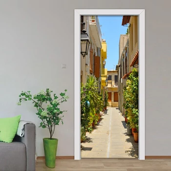 

3D Self-adhesive Door Stickers Mural PVC Waterproof City Street View Poster DIY Removable Living Room Door Sticker Wall Paper