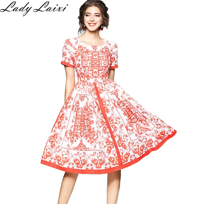 

2018 Spring Summer Ethnic Patterns Printed Woman New Dress Short Sleeve Female A-Line Dress Slim Midi Dress