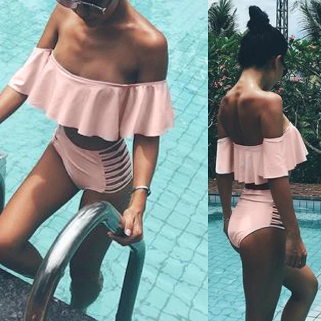 Best Offers Sexy Women Bikini Set Push-up Padded Bra Swimsuit Bathing Suit 2018 Summer Pure Color Off Shoulder Ruffle Bikini Swimwear