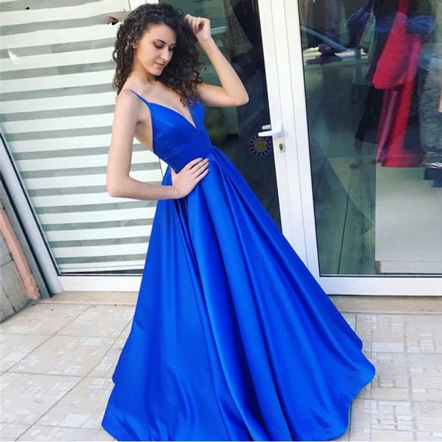 

Cheap Prom Dresses A-line Spaghetti Straps Satin V-Neckline Royal Blue Long Formal Evening Party Gown Simple Prom Dress