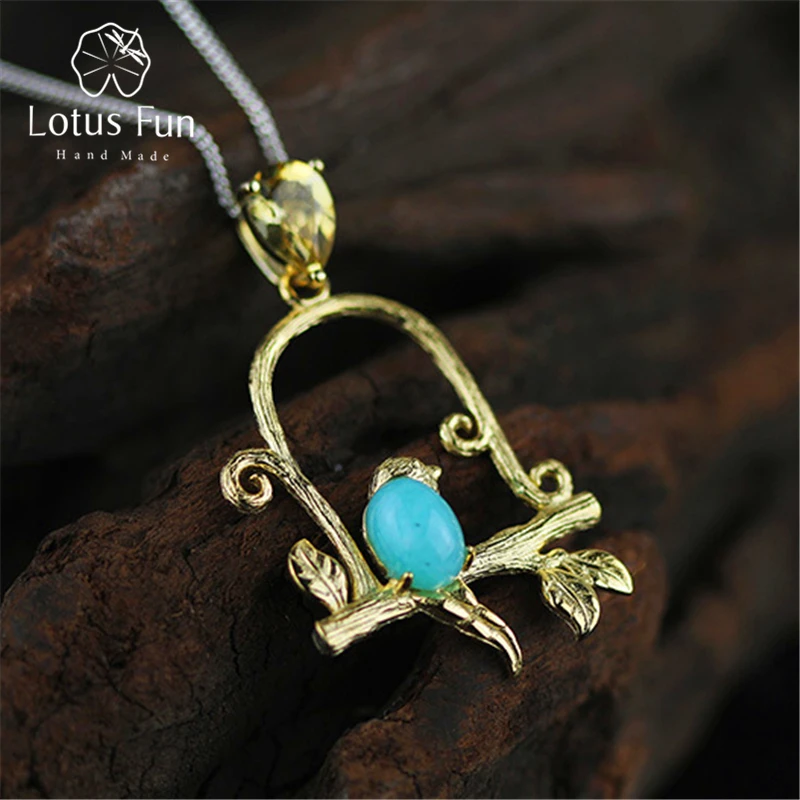 

Lotus Fun Real 925 Sterling Silver Natural Blue Amazonite Handmade Fine Jewelry Bird Design Pendant without Necklace for Women