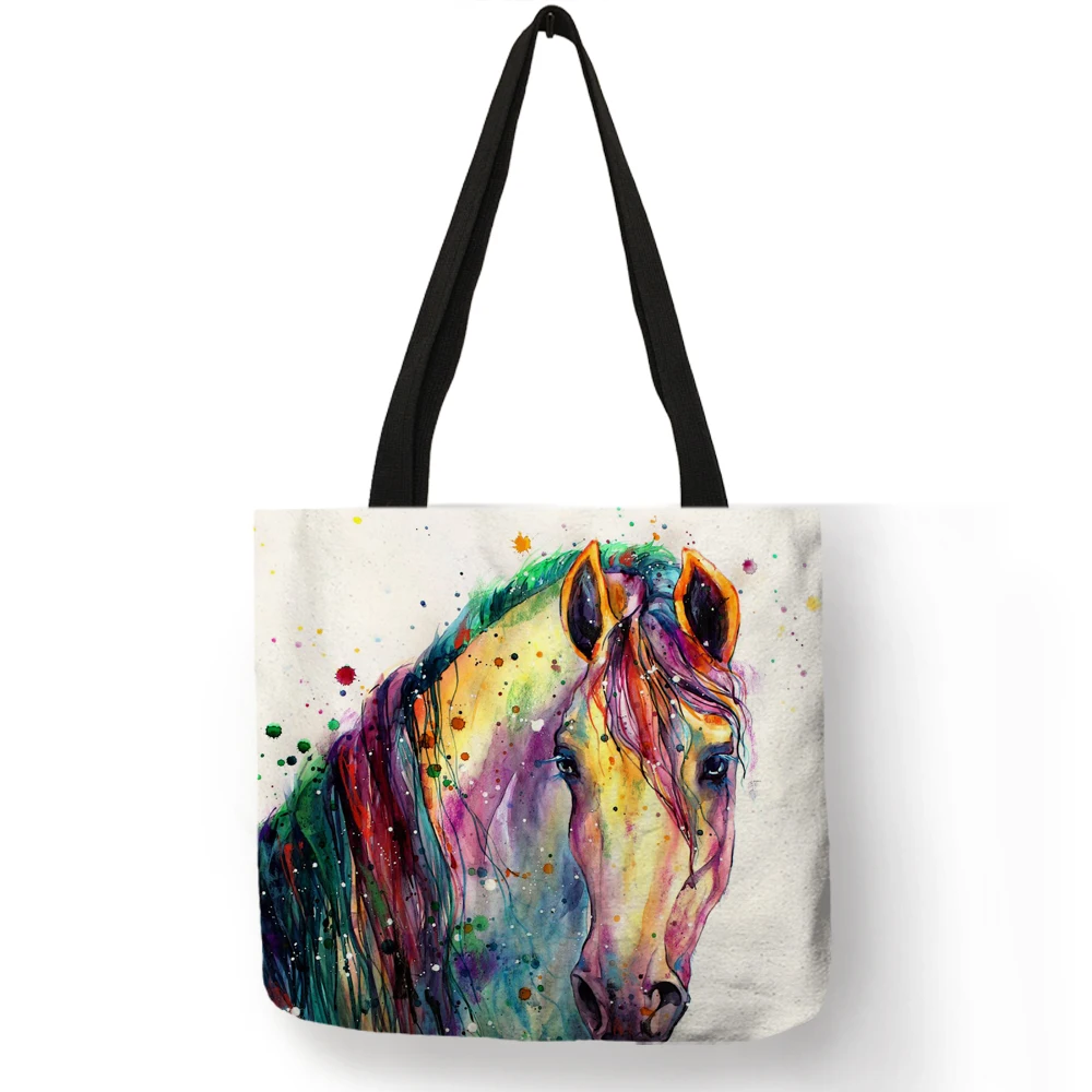 Watercolor Horse Print Linen Shopping Bag Tote Folding Reusable Traveling School Shoulder Bags Casual Handbags For Women 2021