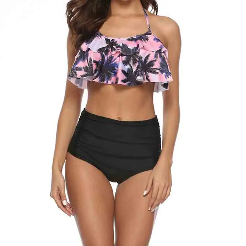 

Women's Two Pieces Swimsuit Floral Printing Ruffled Halter Backless Tie Knot Behind Top With High Waist Black Bottom Swimwear