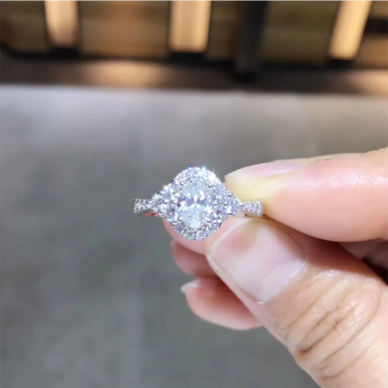 

ANI 18K White Gold (AU750) Wedding Ring 0.948 CT GIA Certified F/VS1 Oval Cut Real Natural Diamond Women Halo Engagement Ring