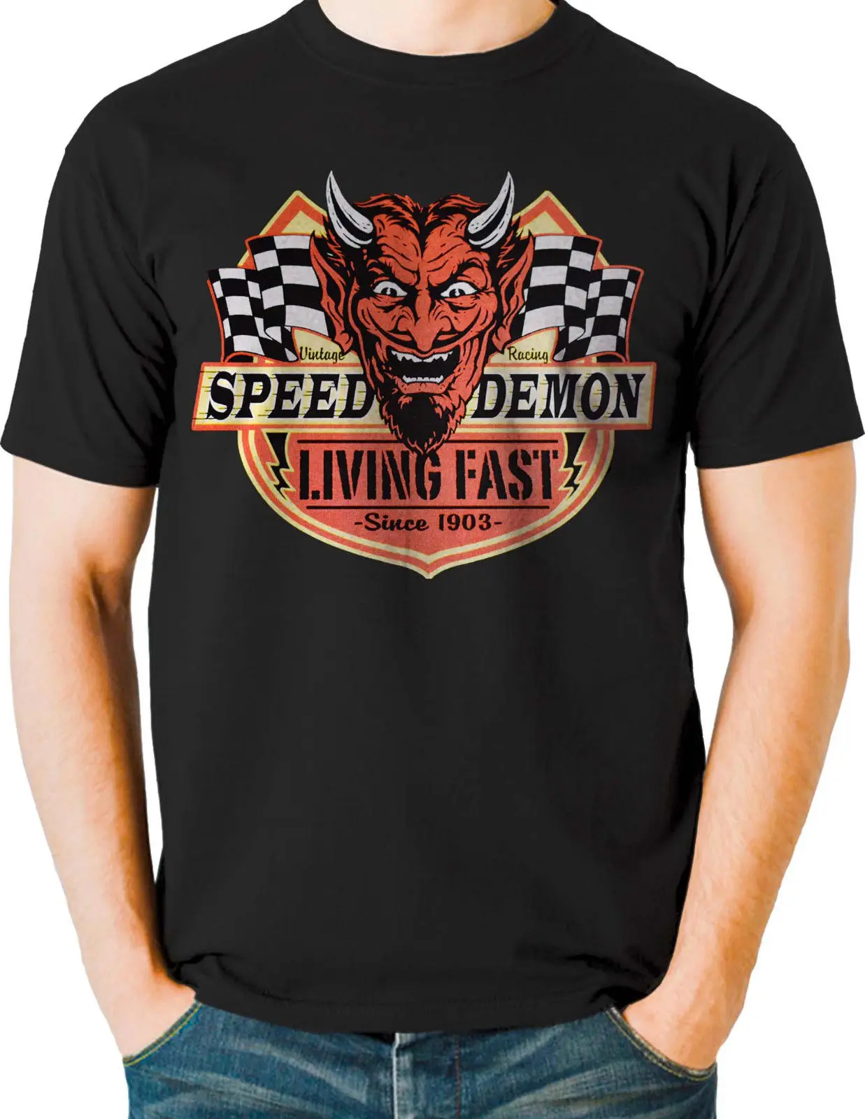 

Custom Breathable Vintage Racings Speed Demon Living Fast Devil Hot Rod T-shirts For Men size S-3XL