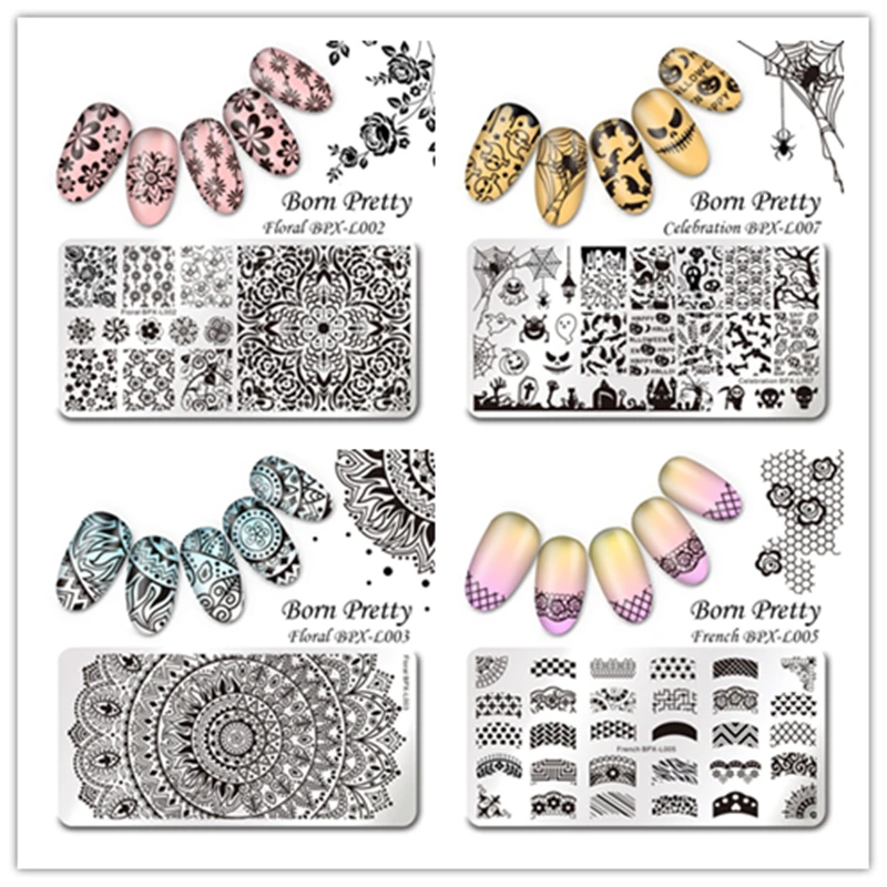 

1Pc BORN PRETTY Rectangle Nail Stamp Template Floral Cute Panda Halloween Retro Script 12*6cm Manicure Nail Art Image Plate