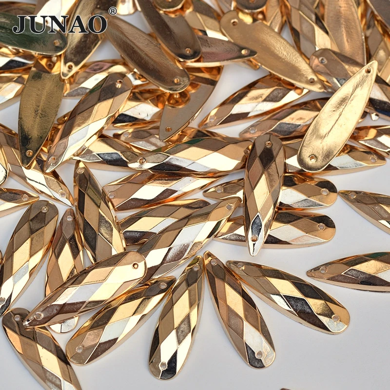 

JUNAO 8x28mm Sew On Gold Drop Rhinestones Applique Large Acrylic Gems Flatback Needlework Crystal Stones Sewing Strass Beads
