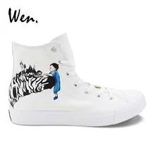 Вэнь белый для женщин холст спортивная обувь с высоким берцем Дизайн Ручная роспись Зебра Мужчин's повседневное Вулканизированная