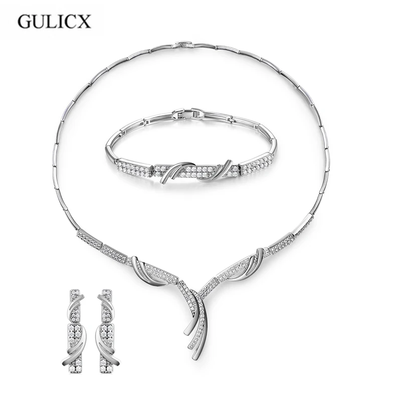 

GULICX Gorgeous Luxury Jewelry set Necklace Earrings Bracelet for Women Clear Crystal Gold Color Wedding Gift Pure Bijoux Femme