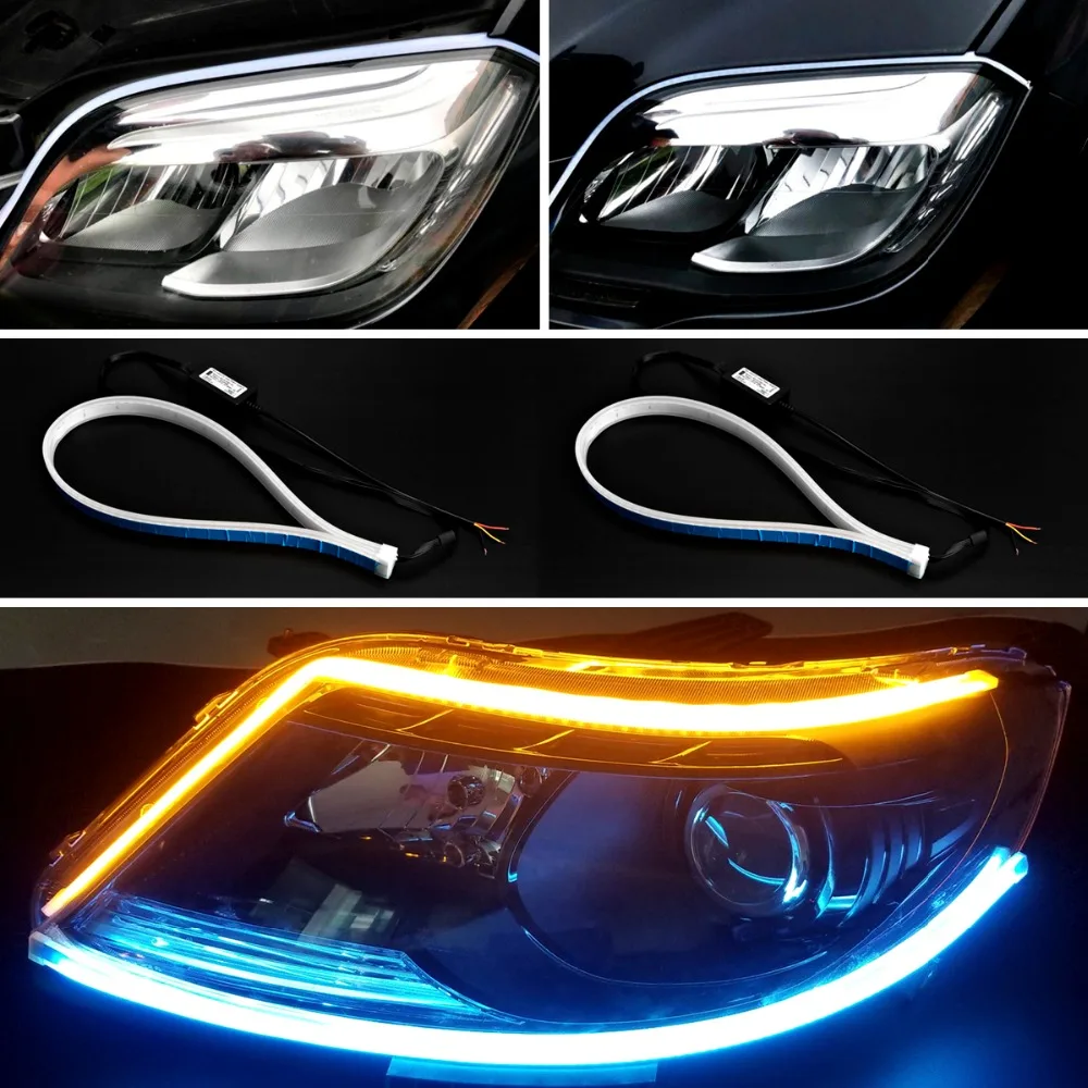 2PCS 60cm Amber Flowing Running Lights LED DRL Strip Light Flexible