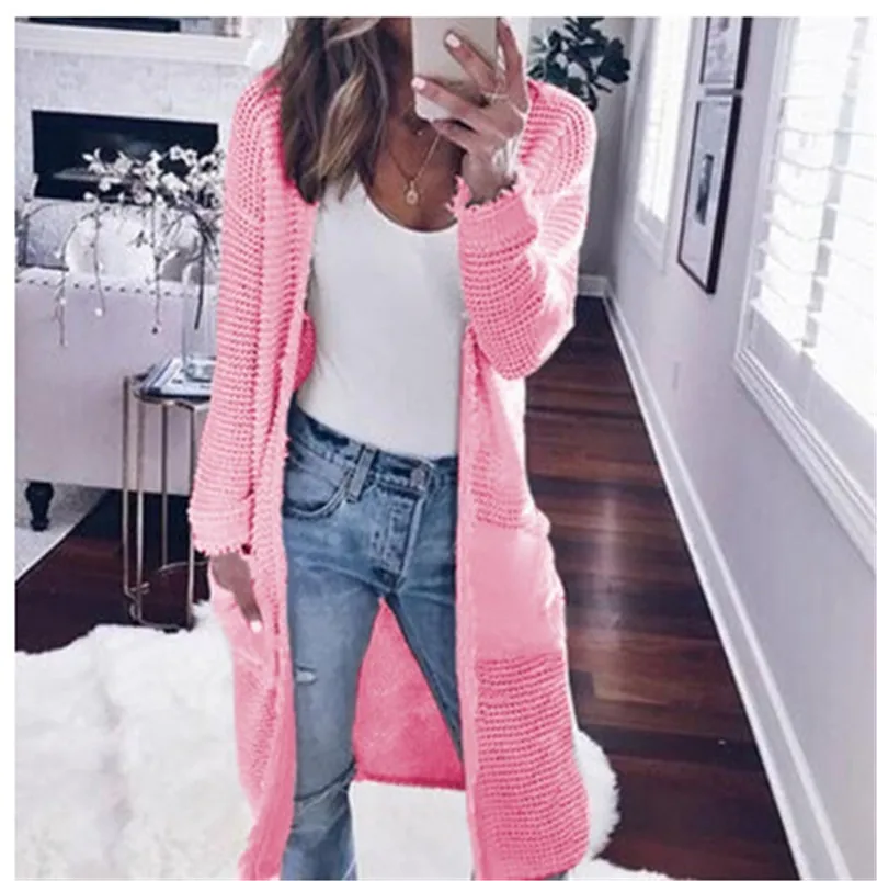 Autumn Winter Long Sweater Women Knitting Cardigan Fashion 2018 Pockets Open Stitch Sweater Coat Female Casual Vintage Knitwear
