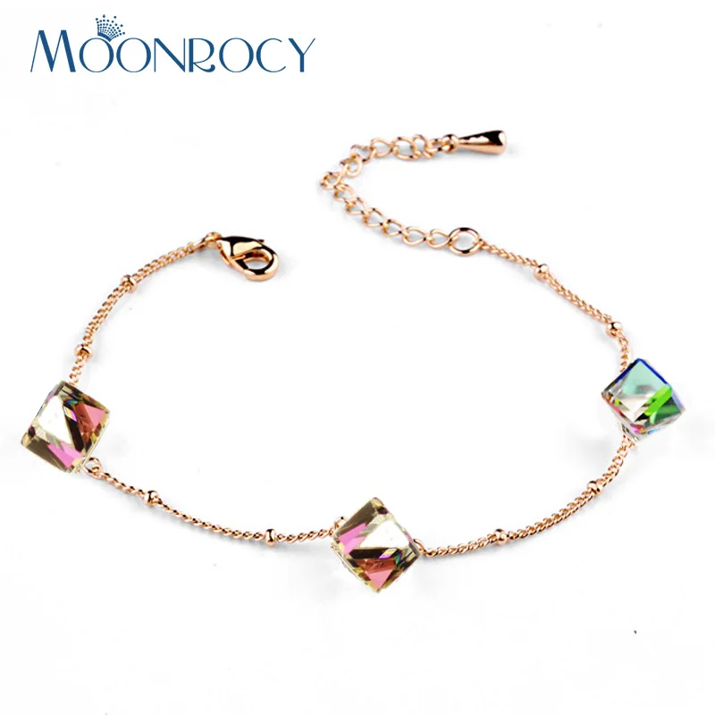 

MOONROCY Drop Shipping Fashion Square Colourful Austrian Crystal Bracelet Jewelry Rose Gold Color New Birthday for Women Gift