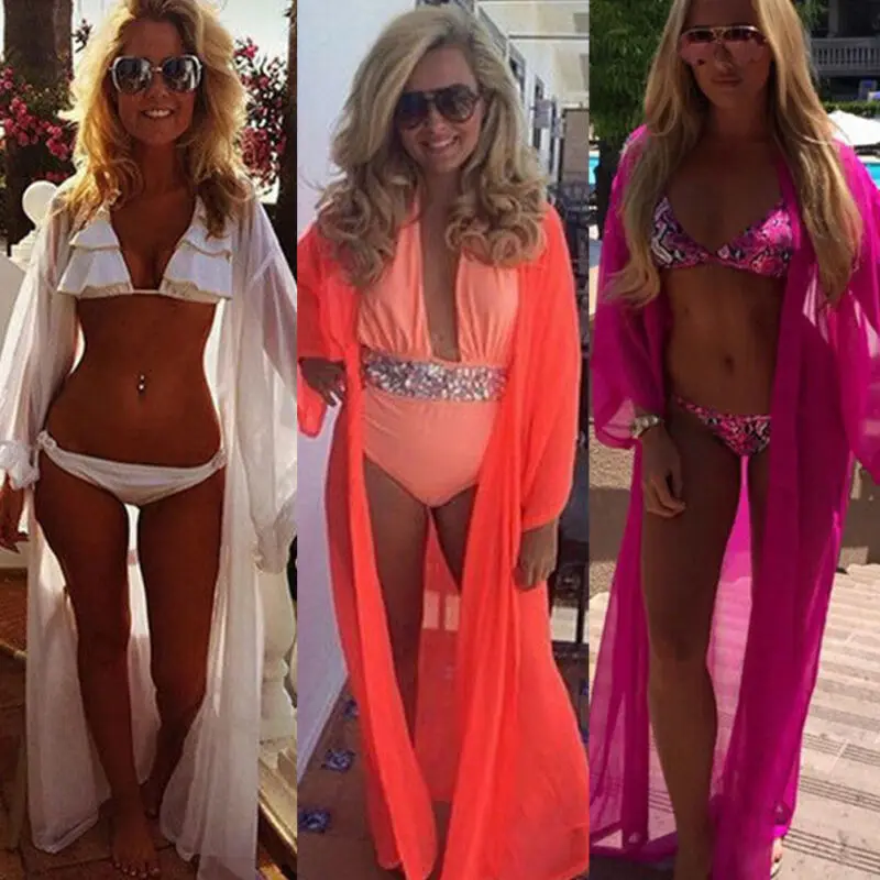 

2019 Summer Beach Cover Up Women Chiffon Dress Robe Plage Candy Color Kaftan Bikini Cover-up Tunic Sarong Swimsuit