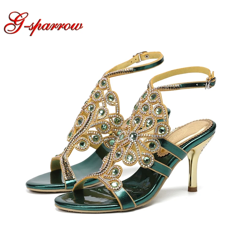 Green Crystal Women Summer Sandals Open Toe Rhinestone Birthday Party ...