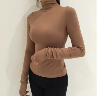 

High Quality half stand collar long sleeve solid color slim t-shirt women fashion top ladies sexy basic tee free shipping