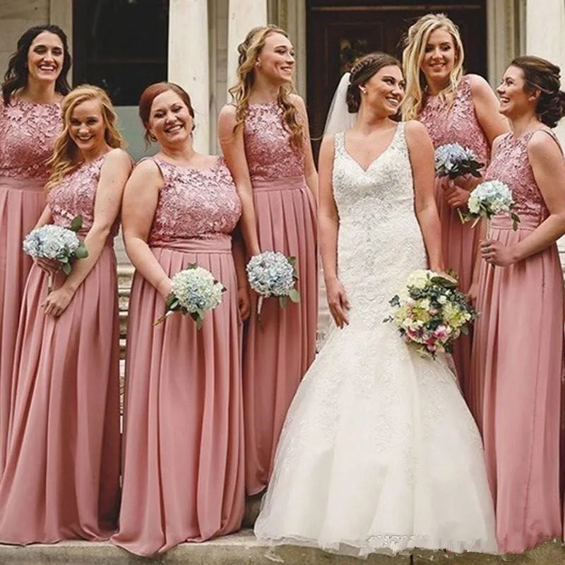 

2019 New Dusty Pink Bridesmaid Dresses Jewel Neck Lace Appliques Chiffon Plus Size Long African Maid Of Honor Formal Wedding