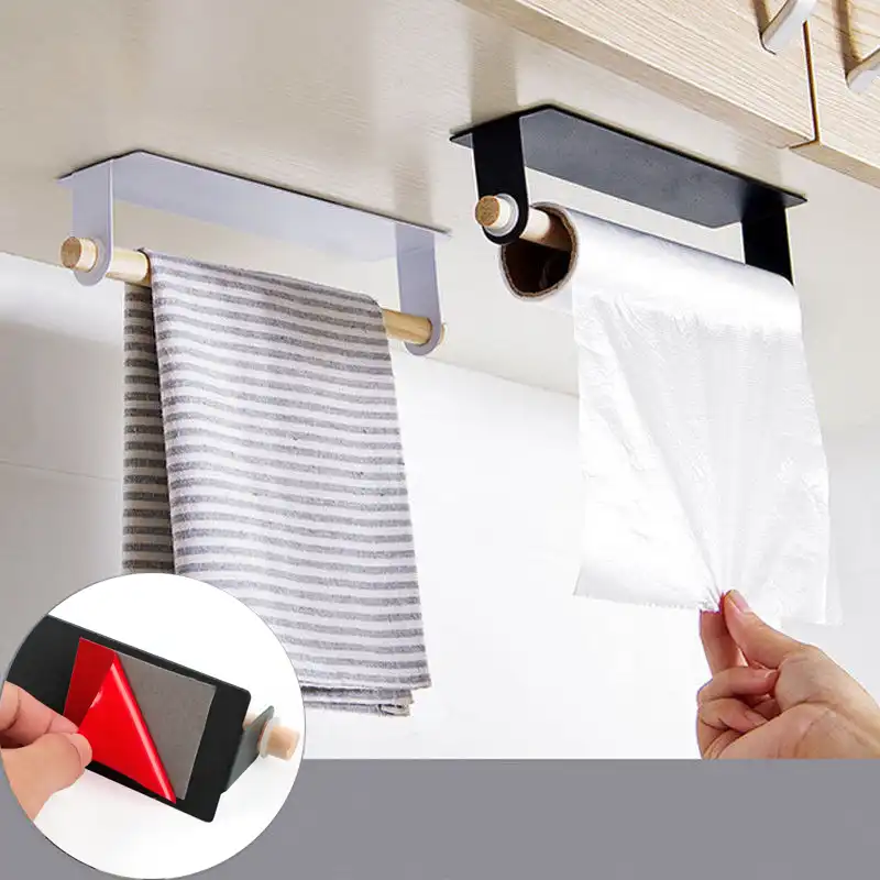 Bathroom Wood Towel Hanger Rack Bar Kitchen Cabinet Cling Film Rag