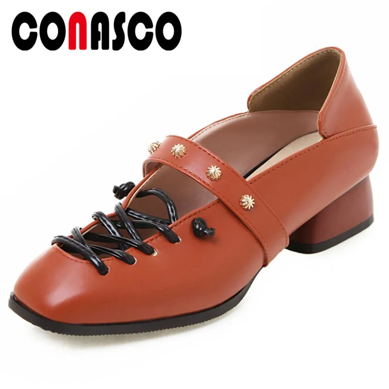 

CONASCO Vintage Pumps Women Classic Ratro Square Low Heels Lace-On Casual Shoes Spring Summer Casual Shoes Woman Basic Shoes
