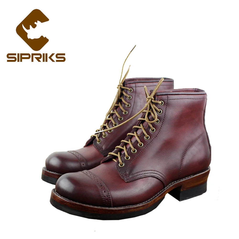 

Sipriks Luxury Brand Mens Goodyear Welted Boots Burgundy Ankle Boot With Round Toe Lace Up Dress Shoes Italian Male Cowboy 44 45