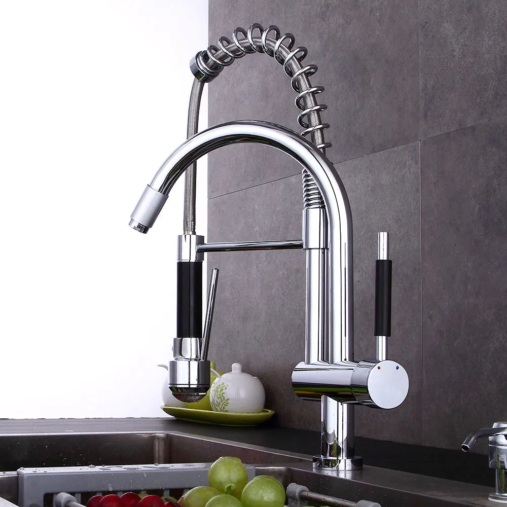 

Chrome Spring Pull Down Kitchen Faucet Deck Mount Mixer Tap Kitchen Hot and Cold Water Tap 2 Outlet Spring Taps
