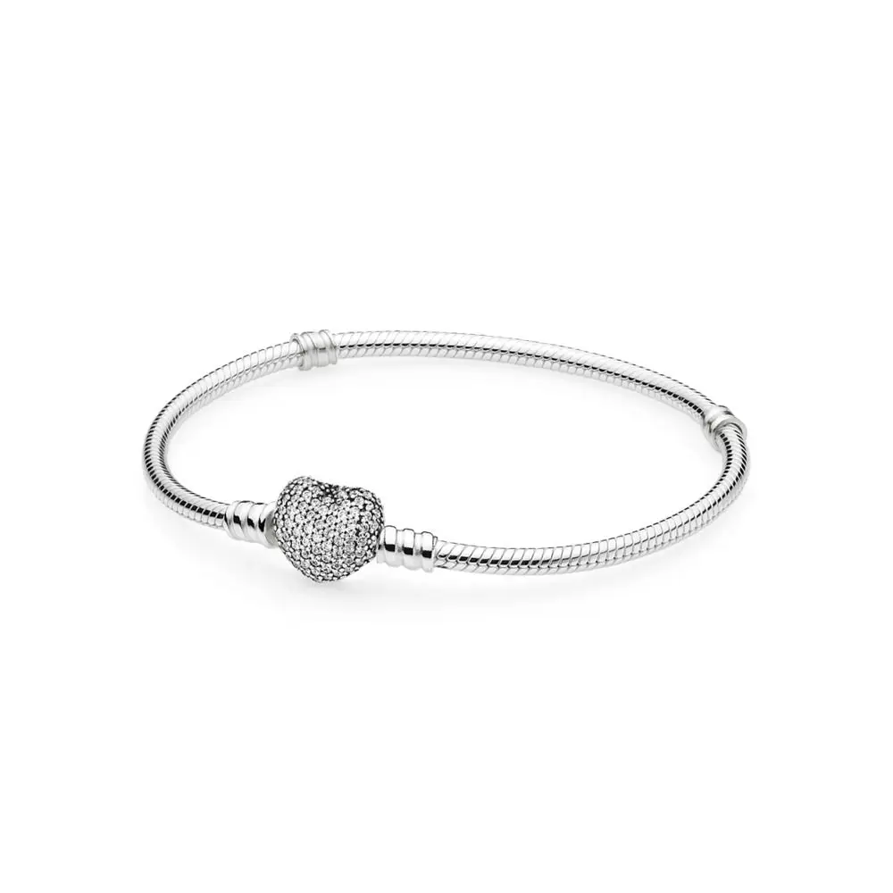 

925 Sterling Silver Bangles Bracelet Chain Love Heart Crystal Snake Chain for Charms Beads & Pendants For Women XPA037