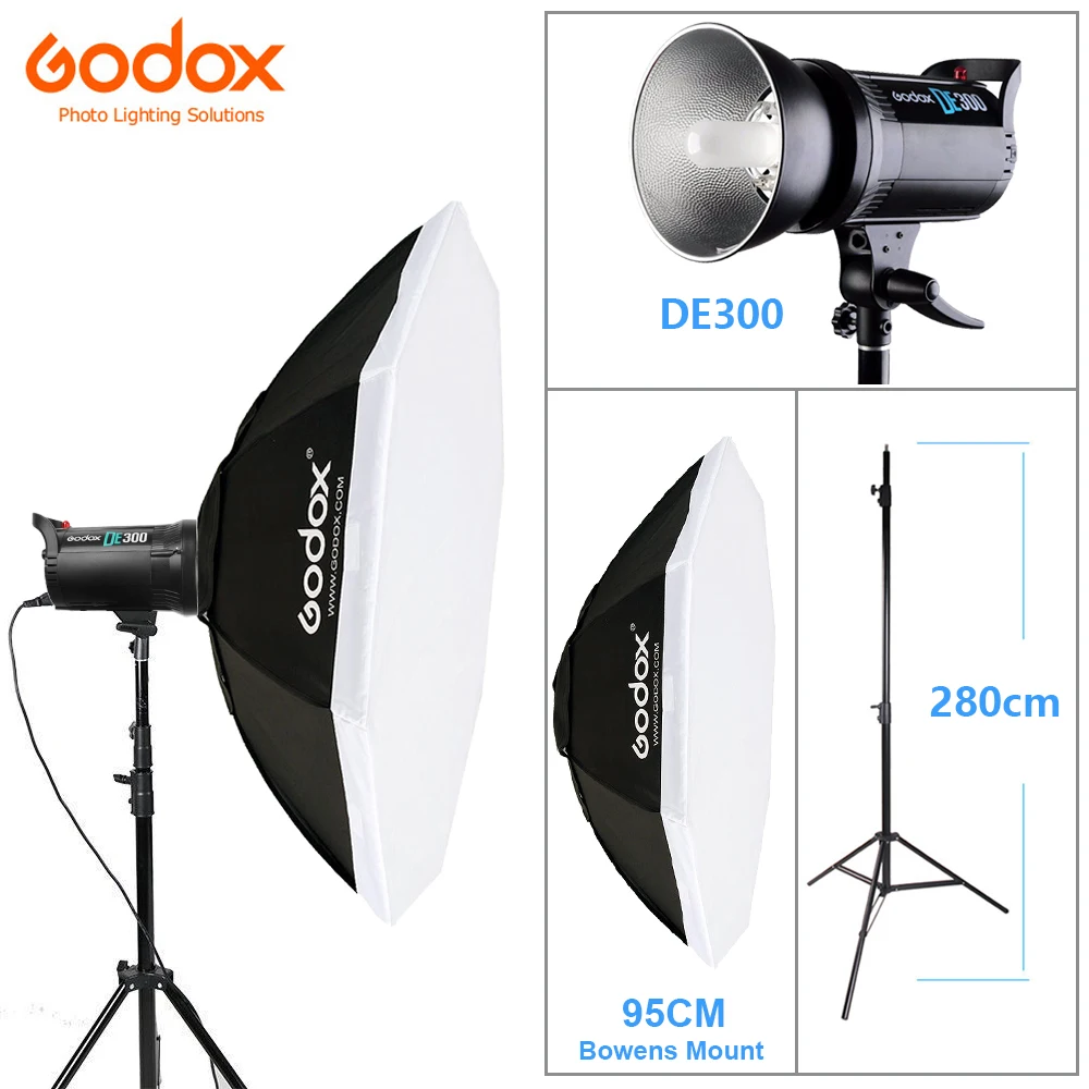 Godox DE300 300 W/300WS фотостудийная вспышка светильник мерцающий светильник ing комплект+ восьмиугольный софтбокс 95 см с быстрой установкой Bowens Mount+ 2,8 м светильник стенд