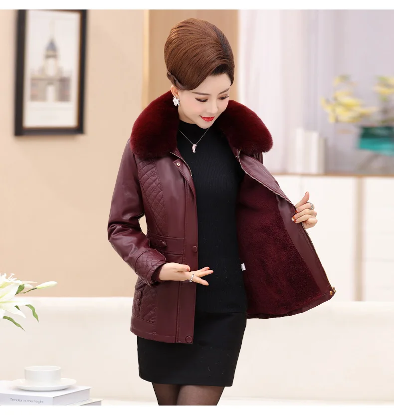Middle Aged Women Winter Leather Jacket Short Padded Coat Artificial Fur Collar Jackets For Old Women Winter Coat 2018 New CH741 (5)