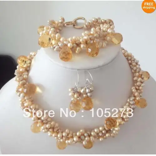 Wholesale Pearl Jewelry Set Gold Yellow Crystal Necklace Bracelet Earring 3-7mm Baroque Shaper New Free Shipping | Украшения и