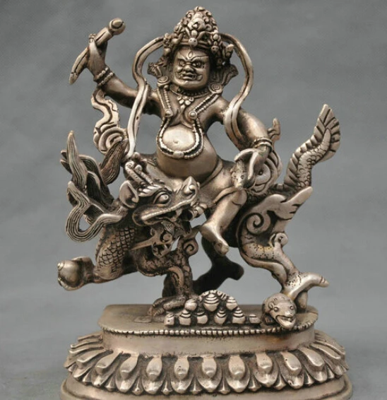 

7" China Tibet Silver Bronze Ride Dragon White Jambhala Statue R0712