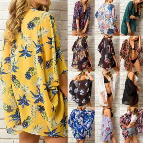 

2019 New Sexy Women Bikini Cover Up Floral Print Beachwear Bathing Kimono Cardigan Kaftan Loose Short Dress