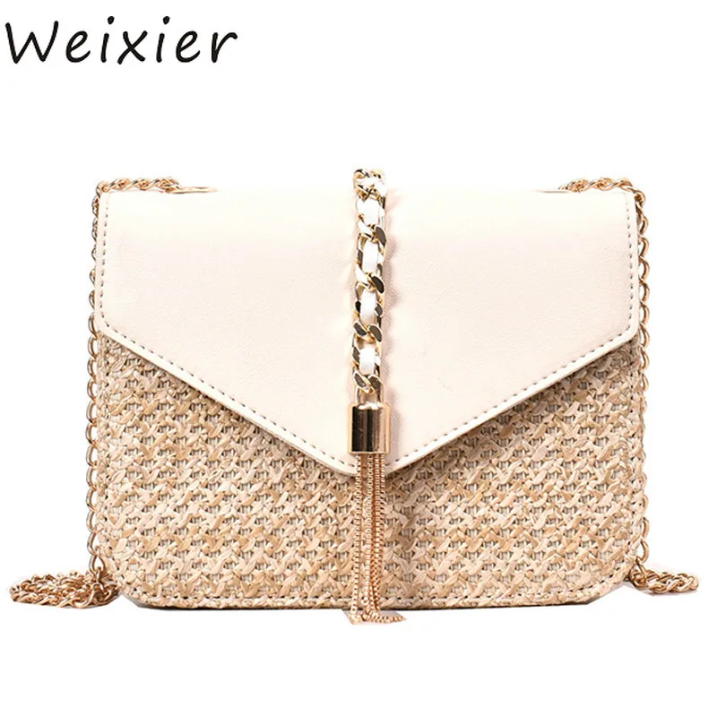 

WEIXIER Fringed Chain Small Flap Bag For Women Straw Crossbody Bag Ladies Summer Messenger Shoulder Handbag and Purses V1-40