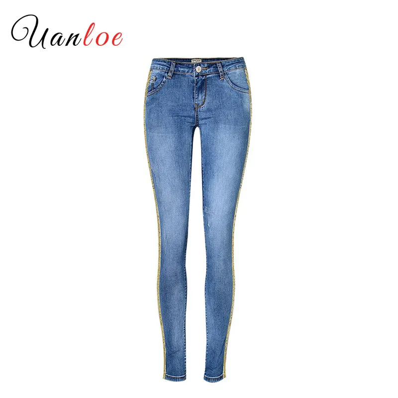 Pantalones vaqueros de mezclilla de longitud completa para mujer, pantalones de cintura baja, pantalones ajustados, talla grande y rayas laterales doradas 2019 - 1