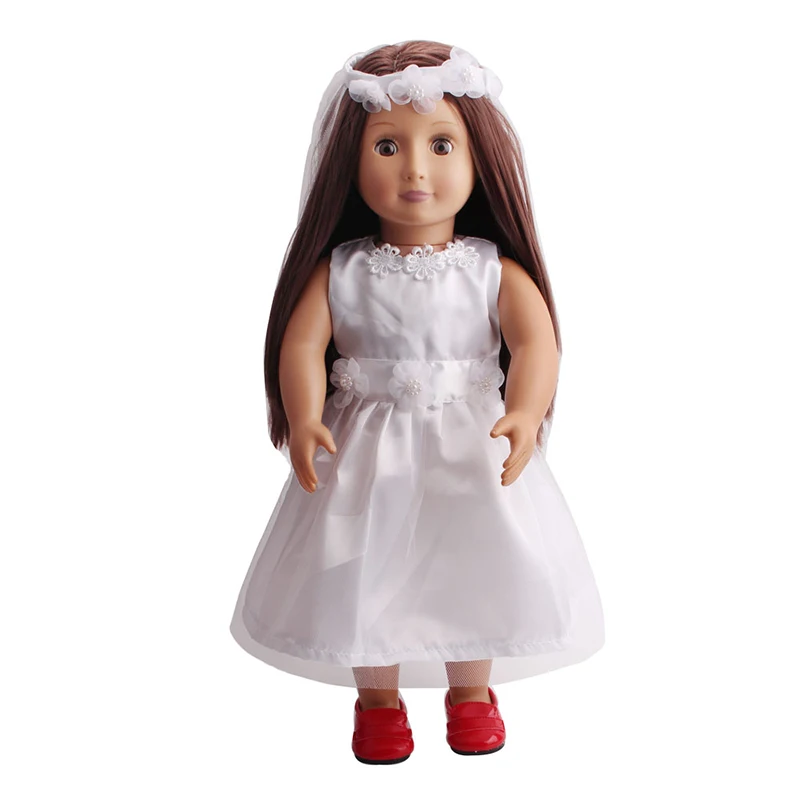 18 дюймов, с круглым вырезом, для девочек, одежда для принцессы, белое платье на свадьбу+ шарф американский новорожденных юбка Детские игрушки подходит 43 см для ухода за ребенком для мам, детские куклы, c87