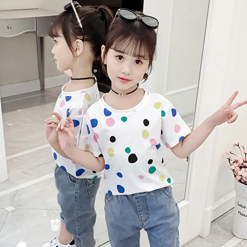 

Summer Girls T-shirts Cotton Short Sleeve Dot Kids Tops casual Outfits Toddler Tees Robe Fille for 6 8 10 12 years Children