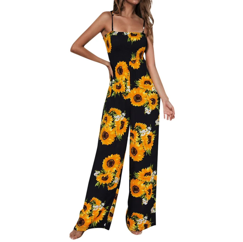 

2019 MAXIORILL New Women Sunflower Dot Print Jumpsuit Sleeveless Clubwear Wide Leg Pant Spot Outfit Wholesale T3
