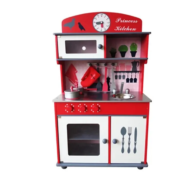 red wooden toy kitchen