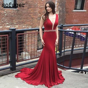 

Red Satin Sexy Mermaid V Neck Long Prom Dresses Backless Charming Party Evening Dress Vestidos De Festa