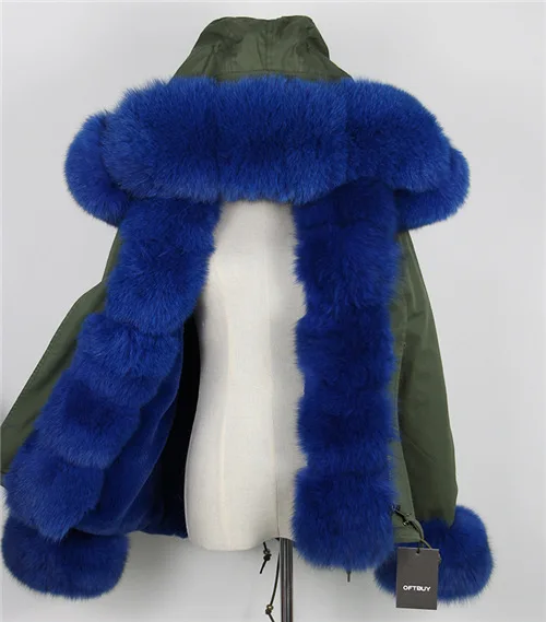 OFTBUY, новинка, короткая камуфляжная зимняя куртка, женская верхняя одежда, толстые парки, натуральный Лисий мех, воротник, пальто с капюшоном, pelliccia - Цвет: green blue