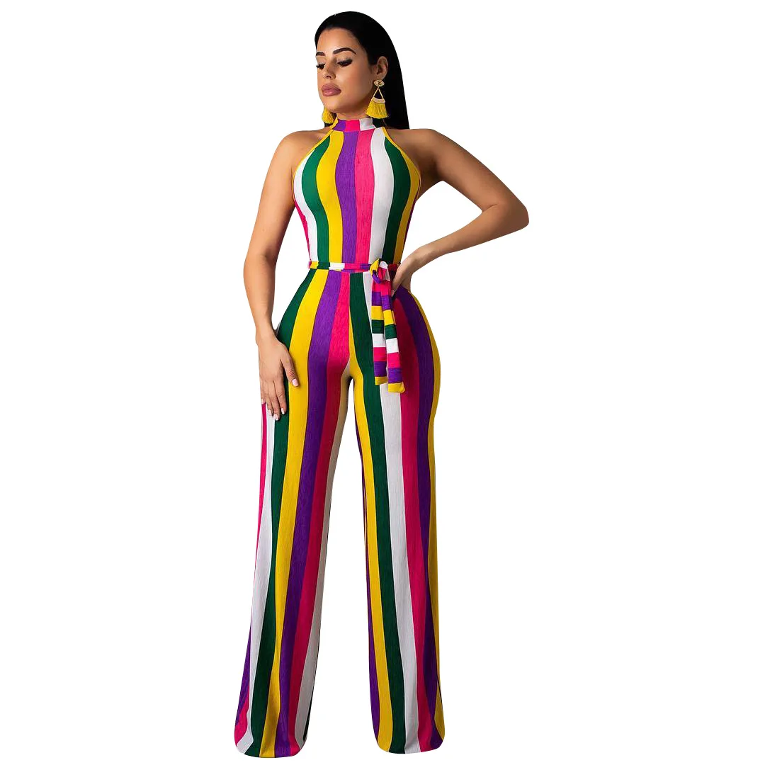 Striped Print Sexy Wide Leg Jumpsuit Overalls Summer Beach Off Shoulder Sleeveless Middle Waist Jumpsuits Womens Rompers - Цвет: Multicolor