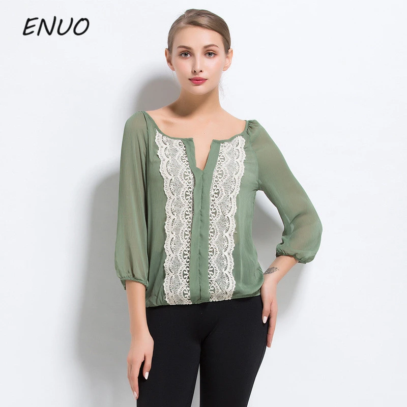 Blusa de chifón fina informal mujer, Blusas elegantes de verano 2019 de manga tres cuartos con encaje para mujer|Blusas y camisas| - AliExpress