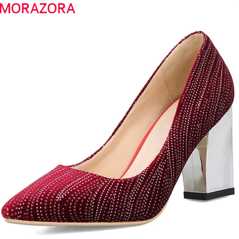 

MORAZORA 2020 plus size 33-44 women pumps pointed toe summer shoes shallow elegant party wedding shoes square high heels