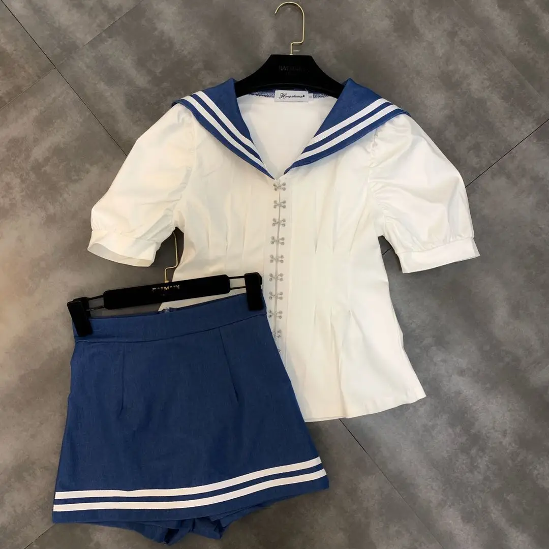 

2019 summer new lapel short-sleeved waist buckle top with culottes navy suit