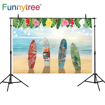 

Funnytree backgrounds for photography studio summer beach sea Tropical leaves Hawaii aloha party surfboard backdrop photobooth
