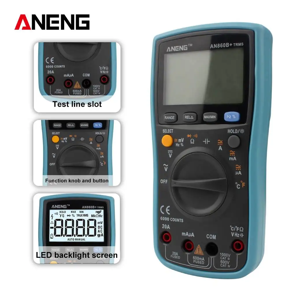 ANENG AN860B+ ЖК-дисплей 6000 отсчетов цифровой мультиметр с подсветкой AC/DC напряжение тока сопротивление, частота тестер температуры - Цвет: Синий