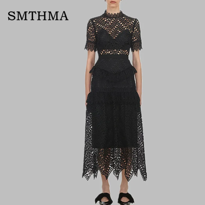 

SMTHMA 2019 New arrive Women's black Lace short Sleeve Dress Sexy hollow Long Dress vestidos Women's Self Portrait Dress