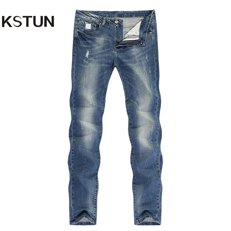 

Fashion Jeans for Men Slim Straight Blue Stretch Distressed Men's Clothes Trousers Yong Man Casual Pants Cowboys Jean Hombre 38