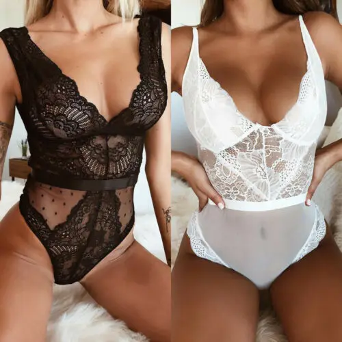 

Sexy Women Lady Strappy Plunge V Neck Full Lace Cross Bodycon Bodysuit Top S-XL
